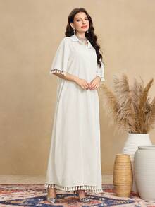Al Najma Women's Retro Fringe Design Shirt Collar Short Sleeve Dress, Casual Arabic Style - Apricot - View 5