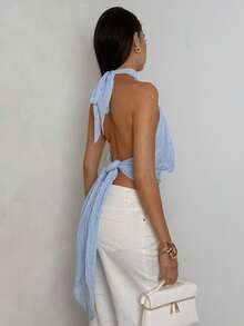 Allurite Women's Blue Tie-Up Elegant Date/Graduation Chiffon Textured Blouse, Spring/Summer - Blue - View 2