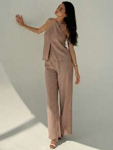 Aloruh 女士优雅休闲纯色杏色阔腿裤套装，露背吊带背心和裤子两件套 - 卡其色 - 查看 4