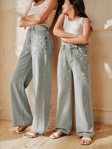 Anewsta Jeans rectos con pierna blanca y azul, decorados con diamantes y perlas brillantes de moda para niñas, primavera/verano - Azul - Ver 1