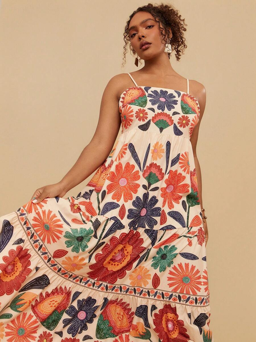 Travachic 大码女式杏色碎花收腰A字连衣裙，吊带连衣裙