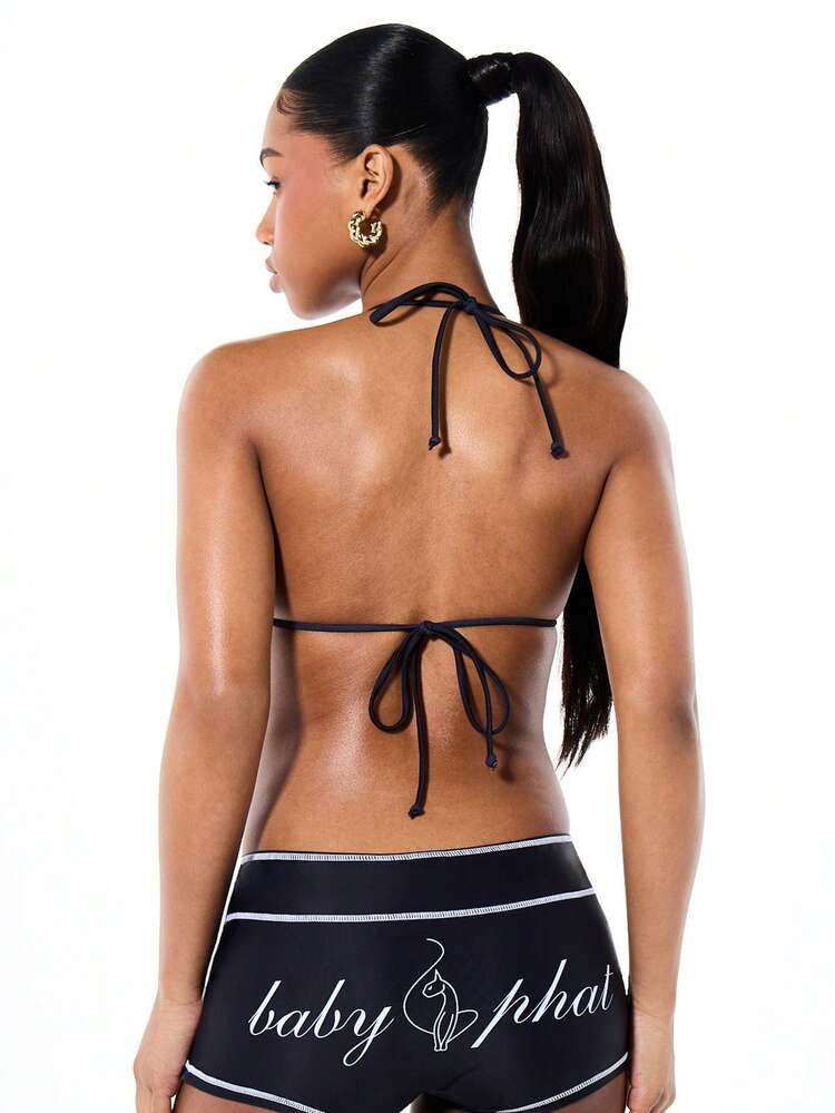 BABYPHAT Women's Triangle Bikini Top With Halter Neck Ties Contrast White Piping Detail Summer Beach Swimwear Essential