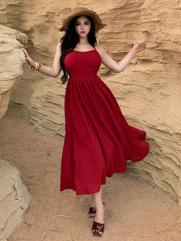 Women's Elegant Solid Color Backless Tie Strap Mid-Length Dress, Summer,Wedding Guest Dress Women Sundress