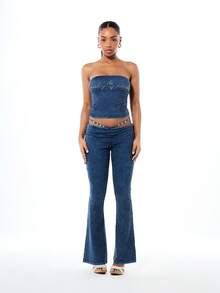 BABYPHAT Áo quây nữ chất liệu giả denim, kiểu dáng ngắn, đính đá lấp lánh, hoàn hảo cho các lễ hội, mùa hè và trang phục thường ngày. - Màu xanh lam - Xem 3