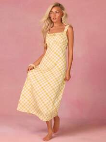 Athîral 女士休闲黄色格子印花无袖中长连衣裙，度假休闲风 - 彩色 - 查看 4
