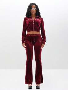 BABYPHAT 大码酒红色丝绒全拉链卫衣，饰有水钻文字，并配有中央口袋，适合秋冬季穿着。 - 紅色 - 查看 3