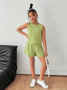 少女休闲纹理面料蝴蝶结露背背心和短裤两件套 - 彩色 - 查看 4