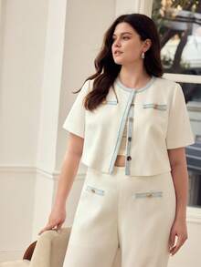 MOTF PREMIUM PLUS SIZE CASUAL CONTRAST TRIM CROPPED JACKET, SPRING/SUMMER - White - View 6