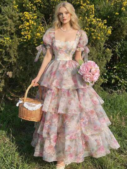 SHEIN MOD Women's Floral Print Square Neck Layered Ruffle Hem Long Dress, Elegant Dress, Spring/Summer Outfits, Tea Party Outfit Women, Cottagecore Dress, Holidays, Birthday, Festival, Tea Party Dress, Floral Maxi Dress, Wedding Guest Dress, Graduation Dress, Valentine Dress, Romantic Dress, Elegant Dresses, Vacation Dress, Women's Carnival Costume, Retro, Victorian Style, Rococo Style ,Summer Dress,Spring Dresses For Women