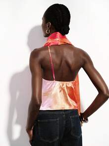 Aveloria Modichic Women's Pink And Orange Silk Tie Dye Cami Top,Summer Elegant Party Night Gradient Sleeveless Blouse,Draped Neck Hanging Ribbon Design,Backless - Multicolor - View 2