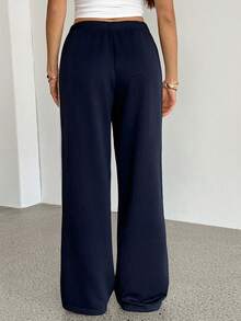 SHEIN Tall Pantalones de chándal casuales de mujer de punto azul marino, pantalones de chándal con franja lateral y parche - Azul Marino - Ver 2