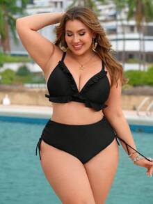 Swim Lushoire Plus Size Women's Solid Color Side Drawstring Bikini Bottom - Black - View 4
