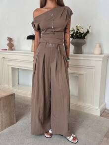 DAZY Bộ đồ nữ dáng rộng thoải mái kiểu đi nghỉ mát gồm áo croptop và quần ống đứng, set 2 món, thích hợp mặc ở nhà mùa xuân/hè. - Cà phê nâu - Xem 6