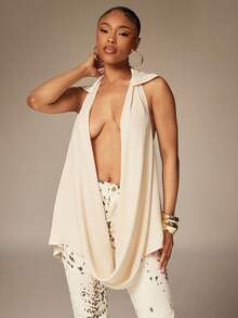 Denimoi Low Neck Backless Collared Halter Top Drape Neck Sexy Tops Vacation Outfits Ibiza Euro Summer - Apricot - View 4