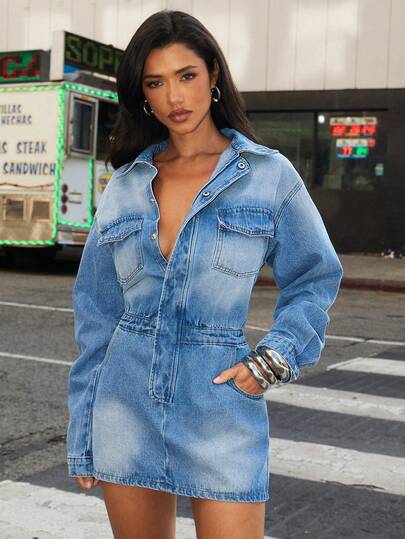 Denimoi Women's Casual Washed Denim Long Sleeve Dress