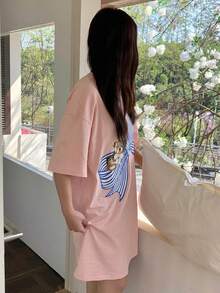 Dazy Plus 可爱圆领大蝴蝶结印花短袖睡裙，春夏款 - 粉色 - 查看 6
