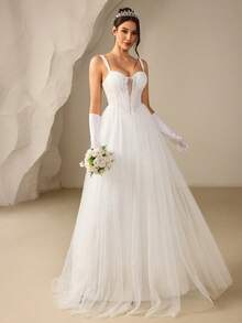 Coutiva Elegant White Wedding Dress For Women,Spring Formal Silky Mesh Corset Ball Gown With Lace Sequins,Slim Off-The-Shoulder Evening Bridal Dresses - White - View 5