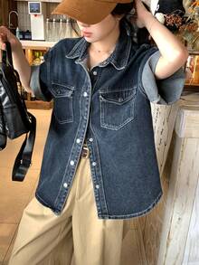 DAZY 女士翻领水洗复古韩版街头牛仔衬衫 - 藍色 - 查看 4