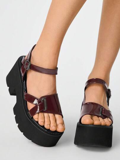 ROMWE Grunge Punk Women's Punk Style Casual Street Platform Wedge Sandals, Gothic Retro Dark Double-Strap Metal Elastic Buckle Roman Gladiator Chunky Heel Open-Toe Shoes.