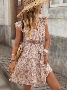Brillora Summer Beach Paisley Print Ruffle Trim Belted Nashville Short Dress,Vacation,Vacation Style,BOHO,BOHO Style,Floral Print Ruffle Trim V-Neck Mini Dress,Boho Pink Flower Print Dress,Vacation Style Floral A-Line Mini Dress,Floral Print, Ruffle Trim, Summer Vacation,Wrap Front, Ruffle Sleeve Dress, Floral Dress, Summer Dress, Women S Summer Outfits, Wild Flower Dress, Women's Summer Dresses,Summer Dresses For Women - Apricot - View 9