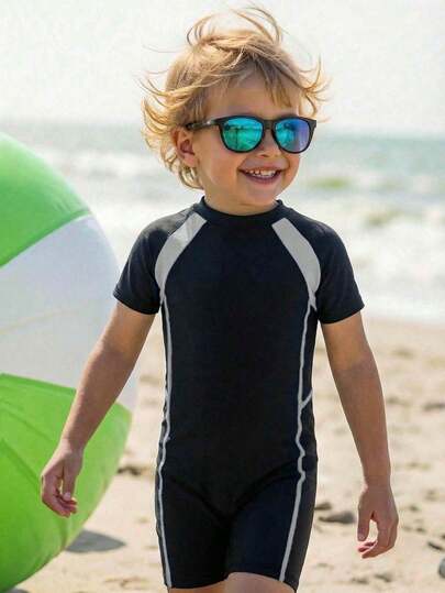 SHEIN 男童撞色圆领短袖连体针织泳衣