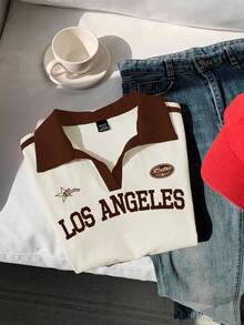 Comfortcana 女士复古撞色印花 Polo 领修身 T 恤 - 卡其色 - 查看 5