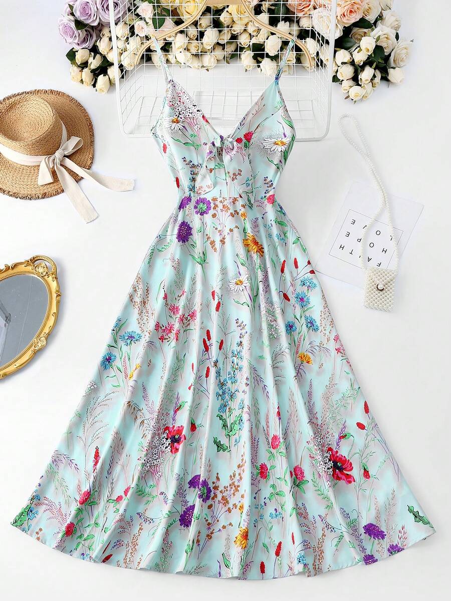 Trelyra 女士印花腰部A字连衣裙，配蝴蝶结肩带，优雅百搭，适合度假和日常穿着 - 綠色 - 查看 1