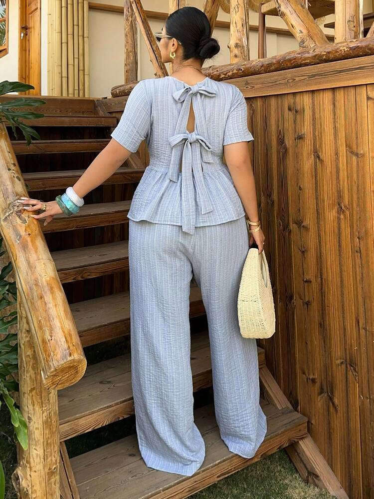 Dazy Plus Plus Size Solid Striped Bow Tie Back Loose Hem Top And Wide Leg Pants 2 Piece Set Lounge Sets For Women