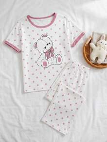 Genkimix Kids Conjunto de Pijama Casual e Confortável com 2 Peças, Top de Manga Curta com Estampa de Bolinhas e Coelho Fofo, e Calça Solta - Multicolorido - Visão 3