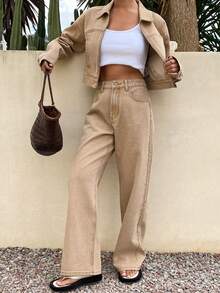 Livesso Women's Fashion Jacket & Straight Leg Jeans Set - Khaki - View 6