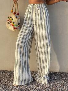 DAZY Women's Casual Striped Drawstring Waist Pants - Black and White - View 6
