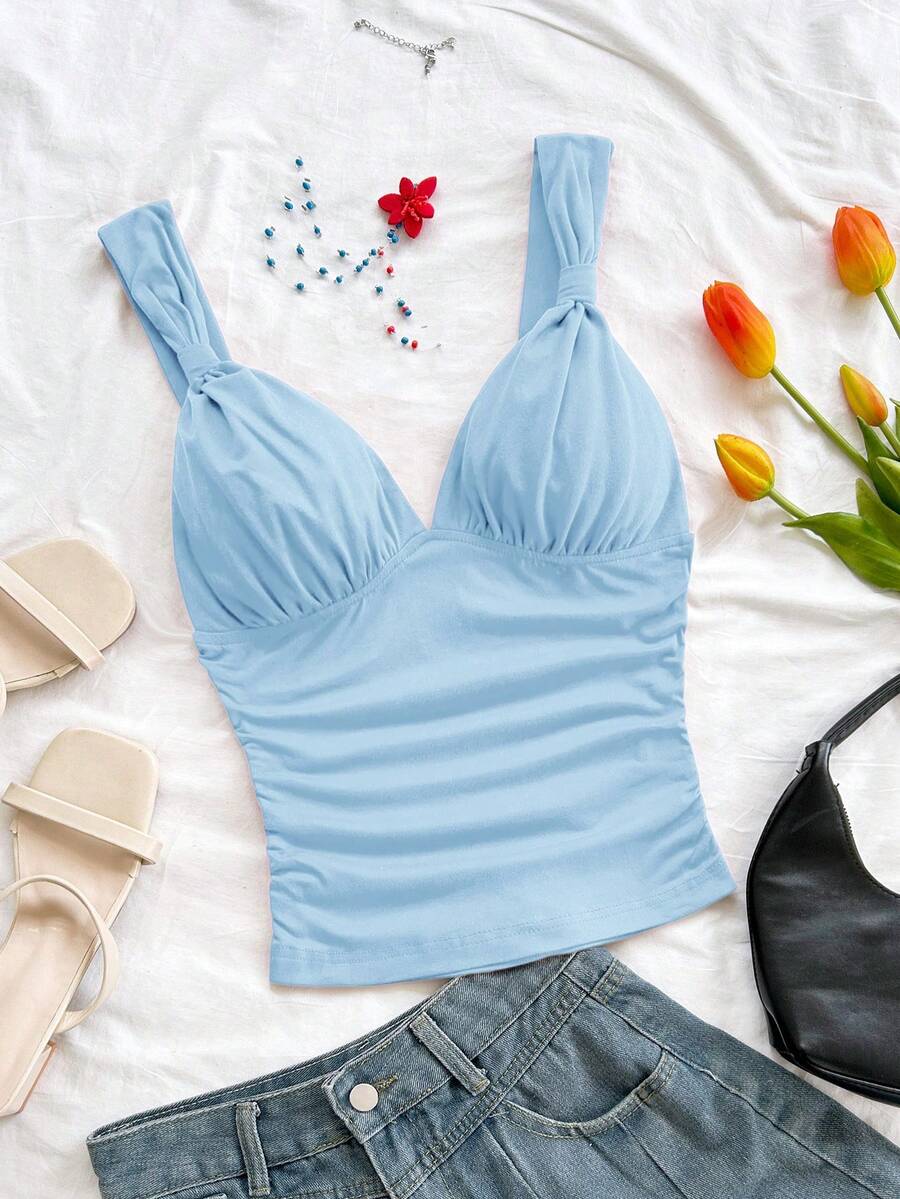 Soleia 休闲浪漫度假纯色扭褶红色吊带背心，适合圣诞节、情人节和新年等场合。 - 淺藍色 - 查看 1