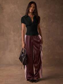 SHEIN BAE 女士极简时尚弹力腰带花瓣袖修身短款拉链衬衫 - 黑色 - 查看 5