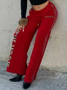 Bearsaez Women's Daily Wear Athleisure New Year Leopard Baggy Straight Pants - Red - View 6