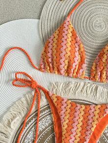 Swim Vcay Women's 2-Piece Summer Beach Swimwear, Textured Hollow-Out Knit Fabric, Rope Halter Top & Rope Tie Side Bottoms Bikini Set - Burnt Orange - View 3