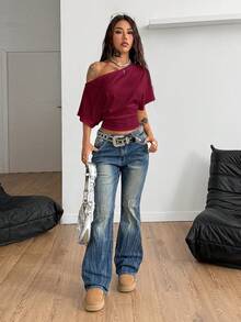 Coolane Women's Summer Concert Rave Y2K Basic Daily Wear Essentials Casual Asymmetrical Neck Black And Burgundy Waist-Cinched T-Shirt 2pc - Multicolor - View 4