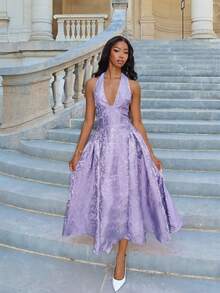 Mima John 复古3D压花花卉V领无袖喇叭裙女装 - 紫色 - 查看 5