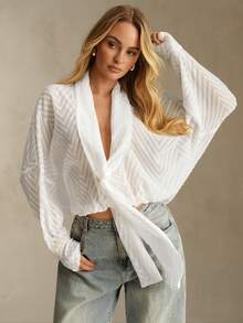 SHEIN Glamour Chiffon Jacquard Blouse, Women's Pullover Semi-Sheer White Shirt Top, Long Sleeve Loose Blouse, Jacquard Fabric Shirt - White - View 2