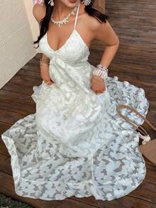 K-Vae Women's Elegant Backless Vacation Dress With Flared Skirt - White - View 5