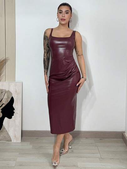 Bearsaez 女士优雅酒红色无袖修身 PU 连衣裙