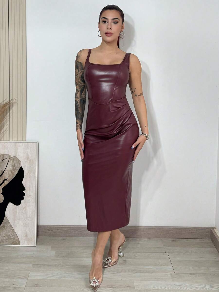 Bearsaez 女士优雅酒红色无袖修身 PU 连衣裙 - 酒紅色 - 查看 1