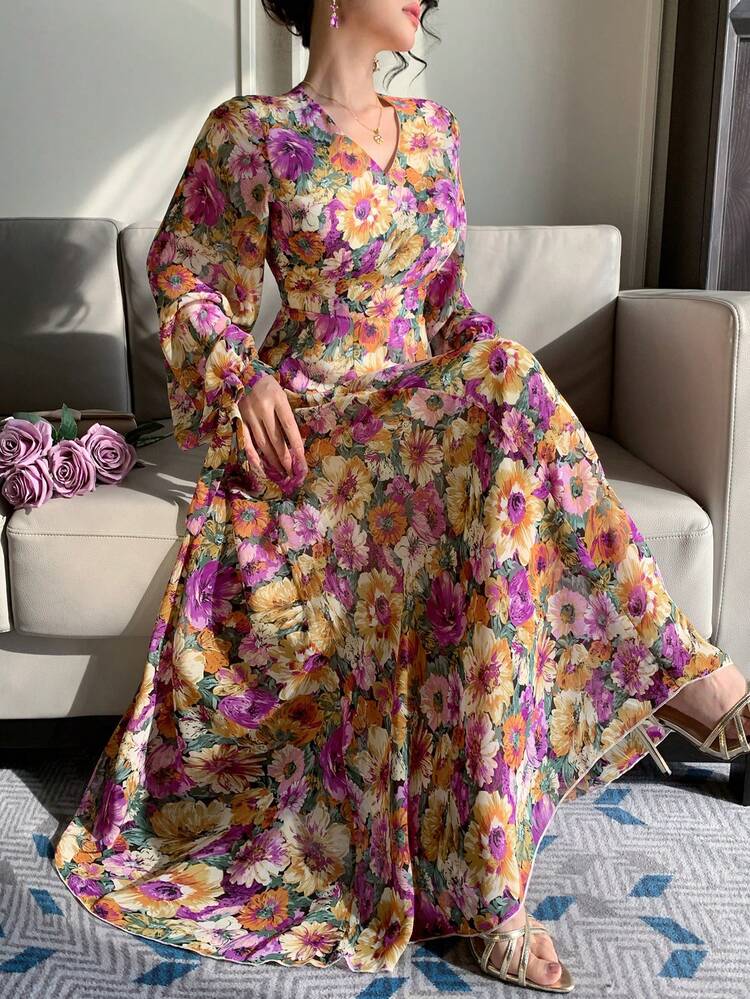 Women's Elegant Commuter Floral Print Lantern Sleeve Dress Sundress Boho