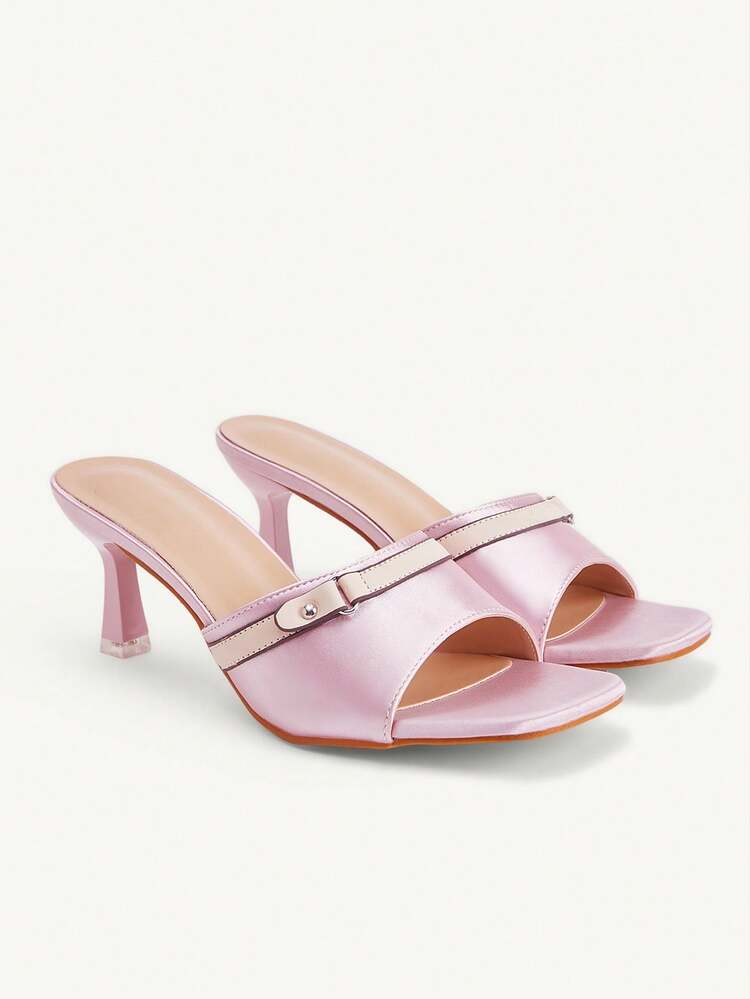 CUCCOO CHICEST Pink Satin Buckle-Trimmed High-Heeled Sandals Square Toe Contrasting Color Thin-Heeled Party Sandals Wedding Shoes Spring Shoes Bride Shoes