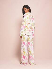 MISSGUIDED Women's Ribbon And Bow Print Button Up Long Sleeve Pajama Set With Matching Straight Leg Pants For Sleepwear - Multicolor - View 5