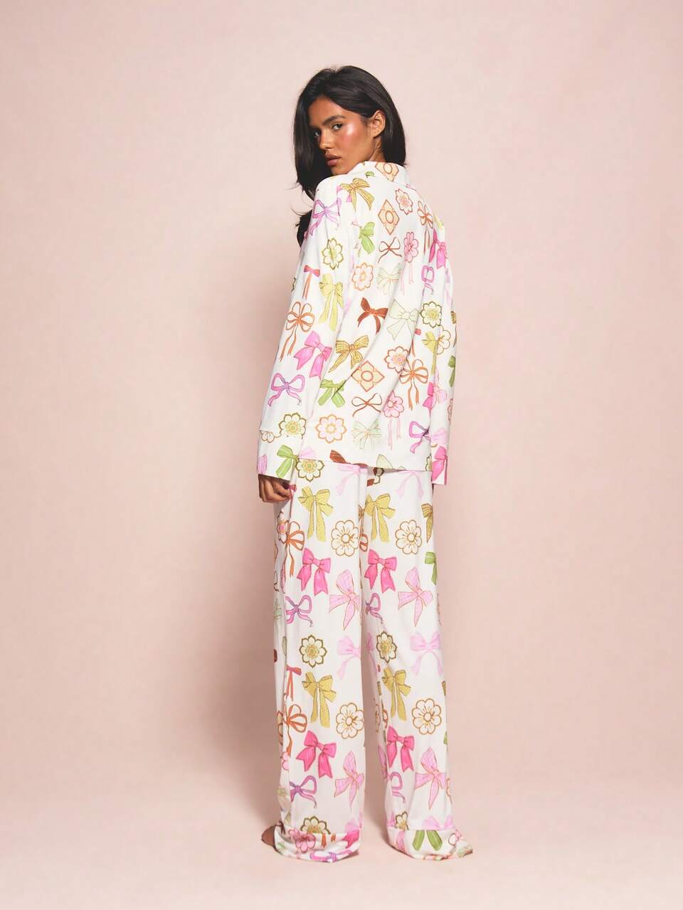 MISSGUIDED Women's Ribbon And Bow Print Button Up Long Sleeve Pajama Set With Matching Straight Leg Pants For Sleepwear