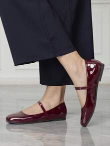 Sleekvia Women's Square Toe Slip-On Shoes, Burgundy PU Mary Jane Shoes For Commuting - Burgundy - View 3