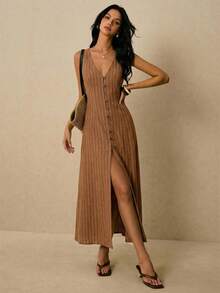 Poéselle Women's Casual Commuter Striped Front Button Sleeveless Dress, Summer - Brown - View 1