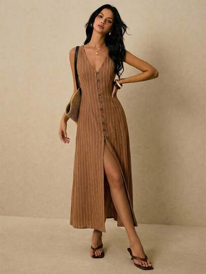 Poéselle Women's Casual Commuter Striped Front Button Sleeveless Dress, Summer