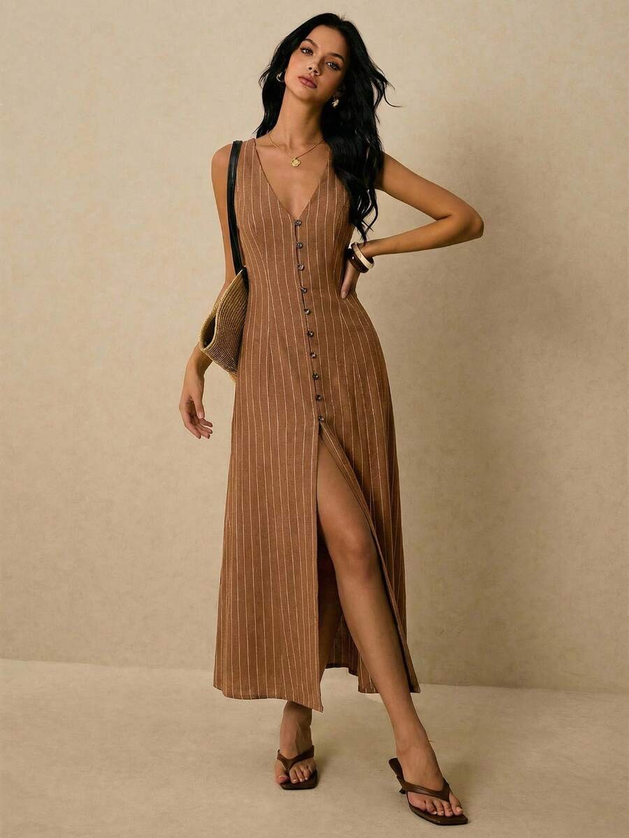 Poéselle Women's Casual Commuter Striped Front Button Sleeveless Dress, Summer - Brown - View 1