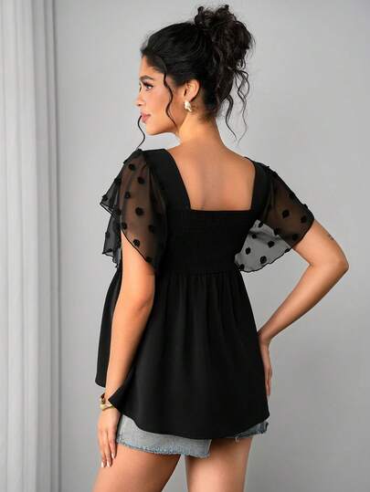 Momance Pregnant Women Square Collar Mesh Patchwork Elegant Blouse,Summer Tops,Summer Outfits,Black Top